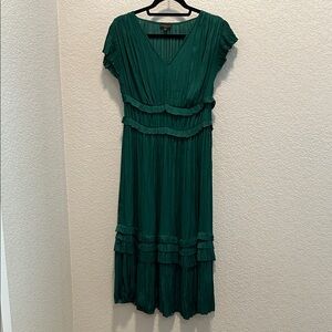 Current Air Emerald Green Pleated V-Neck Ruffle Midi Dress